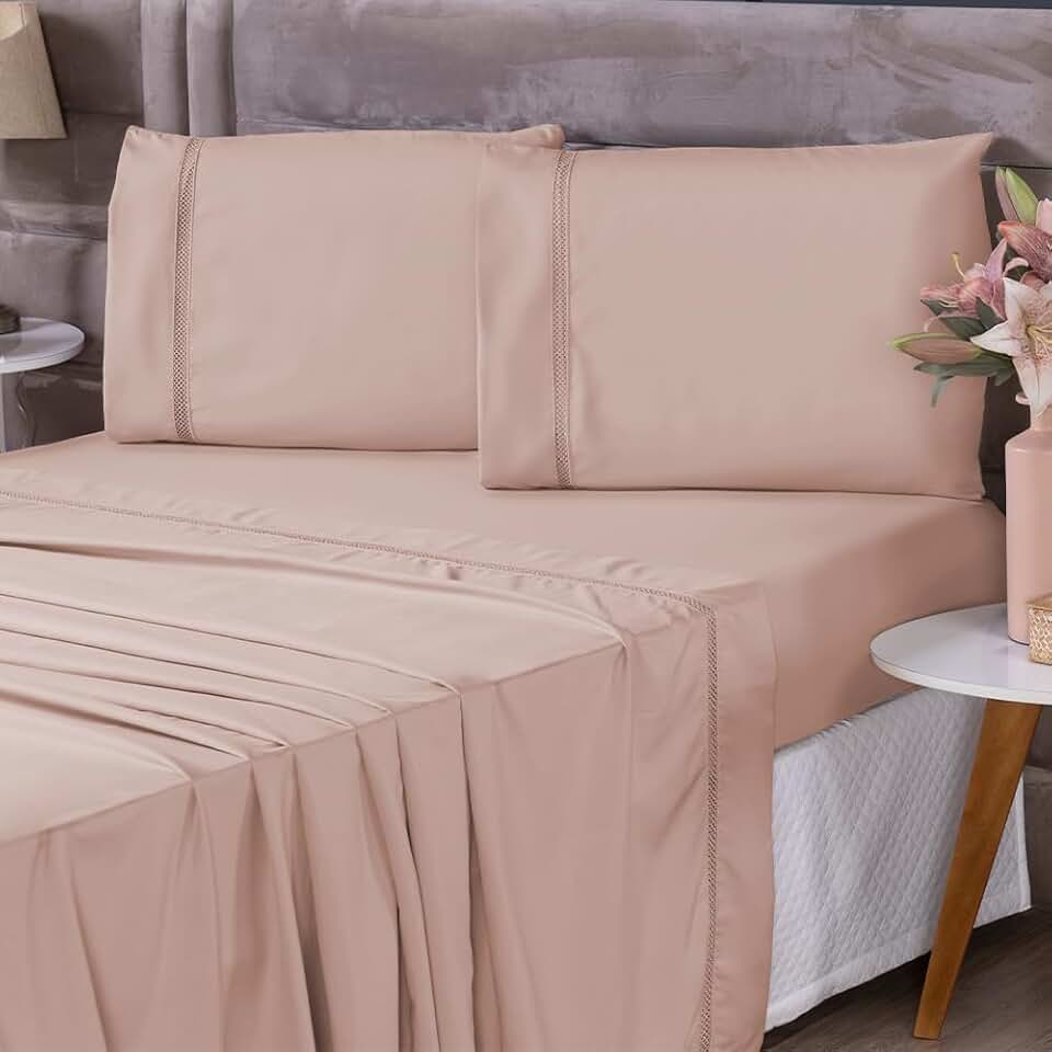 Jogo de Lençol Solteiro 3 Peças 400 Fios - Roupa de cama, Lençol com Elástico, Lençol de Cima e Fronha - Tecido Macio Qualidade Premium (Rose, Solteiro 3 Peças)