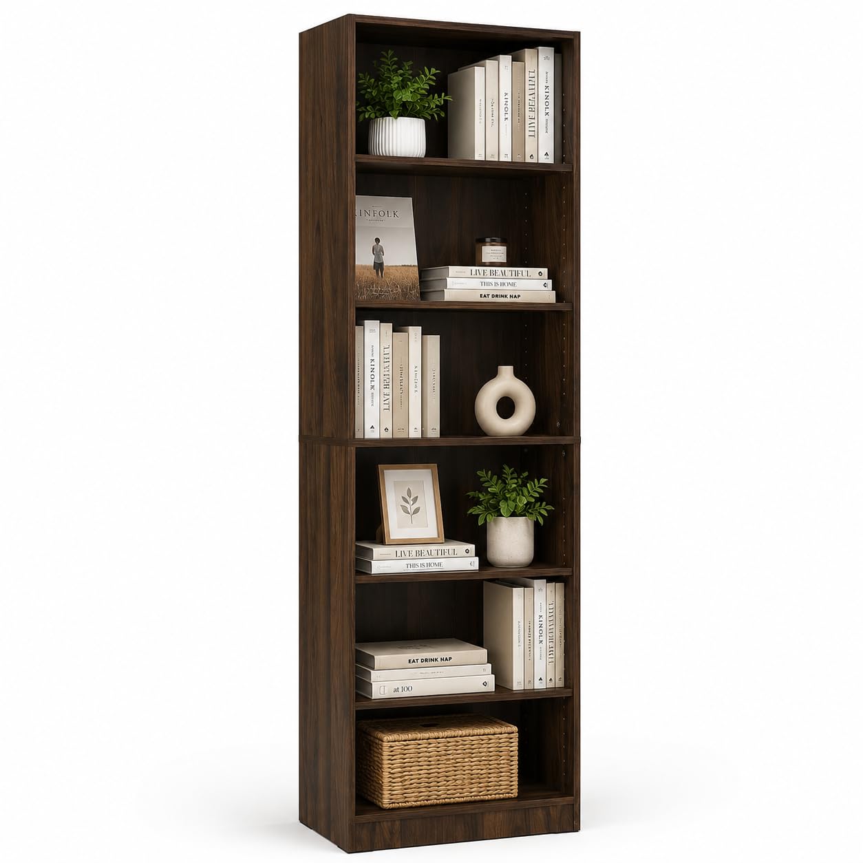 Absolute Deal Walnut Tall Bookcase 6 Tier Free Standing Adjustable Shelf โ image 1