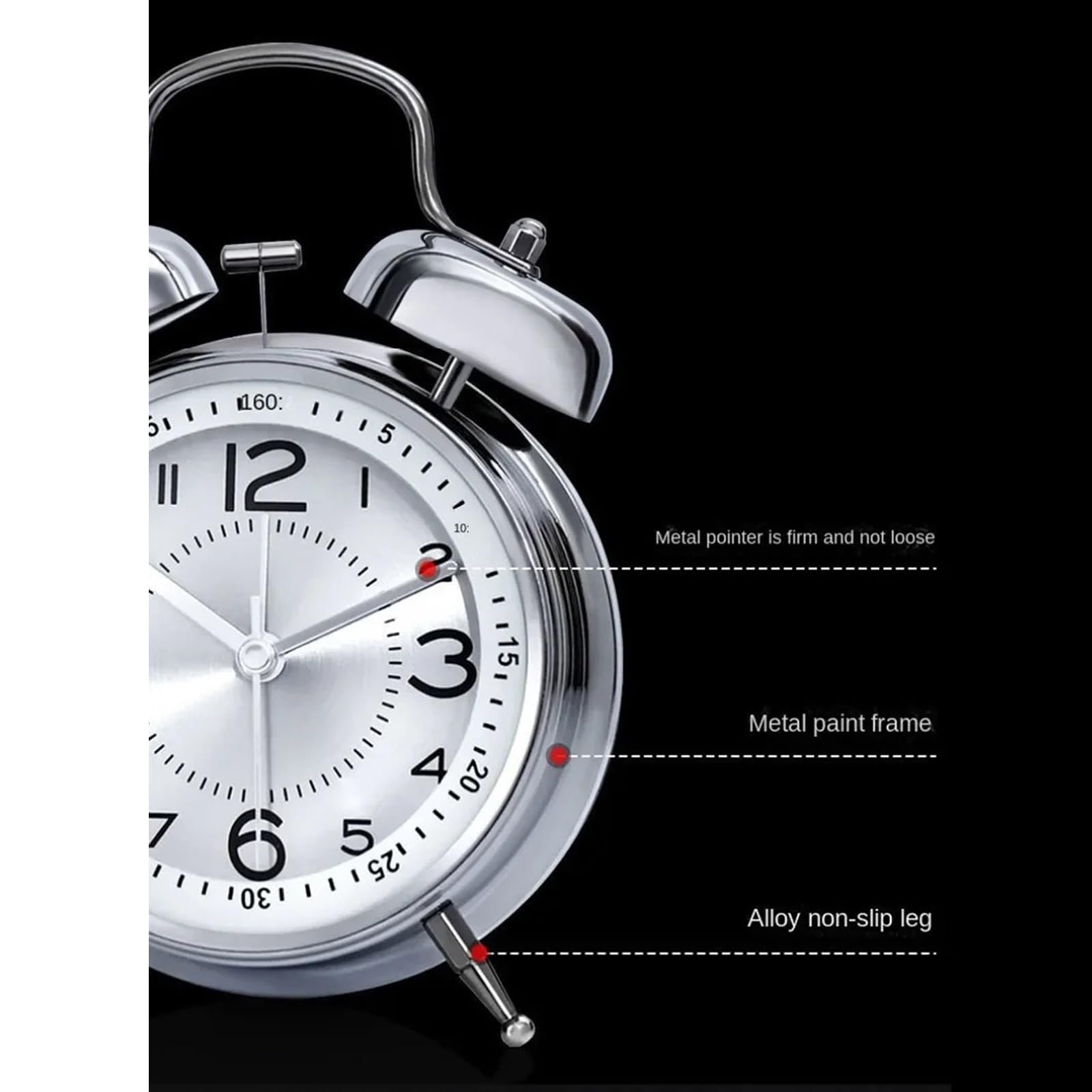 Dormitorio Reloj Despertador con luz de Noche y Dos Campanas, Marco Metal, Funciona Pilas, Sonido Fuerte, for Escritorio, mesita, Dormitorio Decoración(Silver)