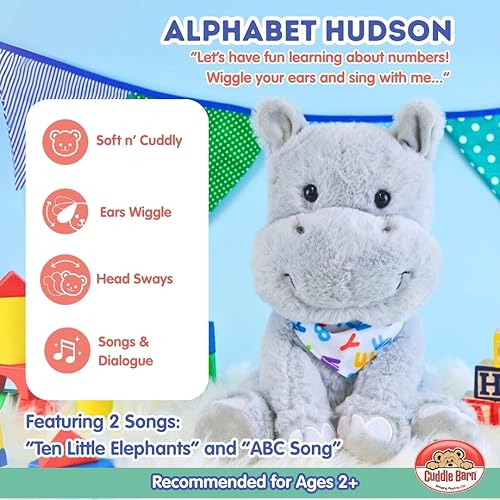 Miniatura 2 de Cuddle Barn - Alphabet Hudson Peluche de hipopótamo animado que canta con orejas a la canción ABC y Ten Little Elephants, 11 pulgadas