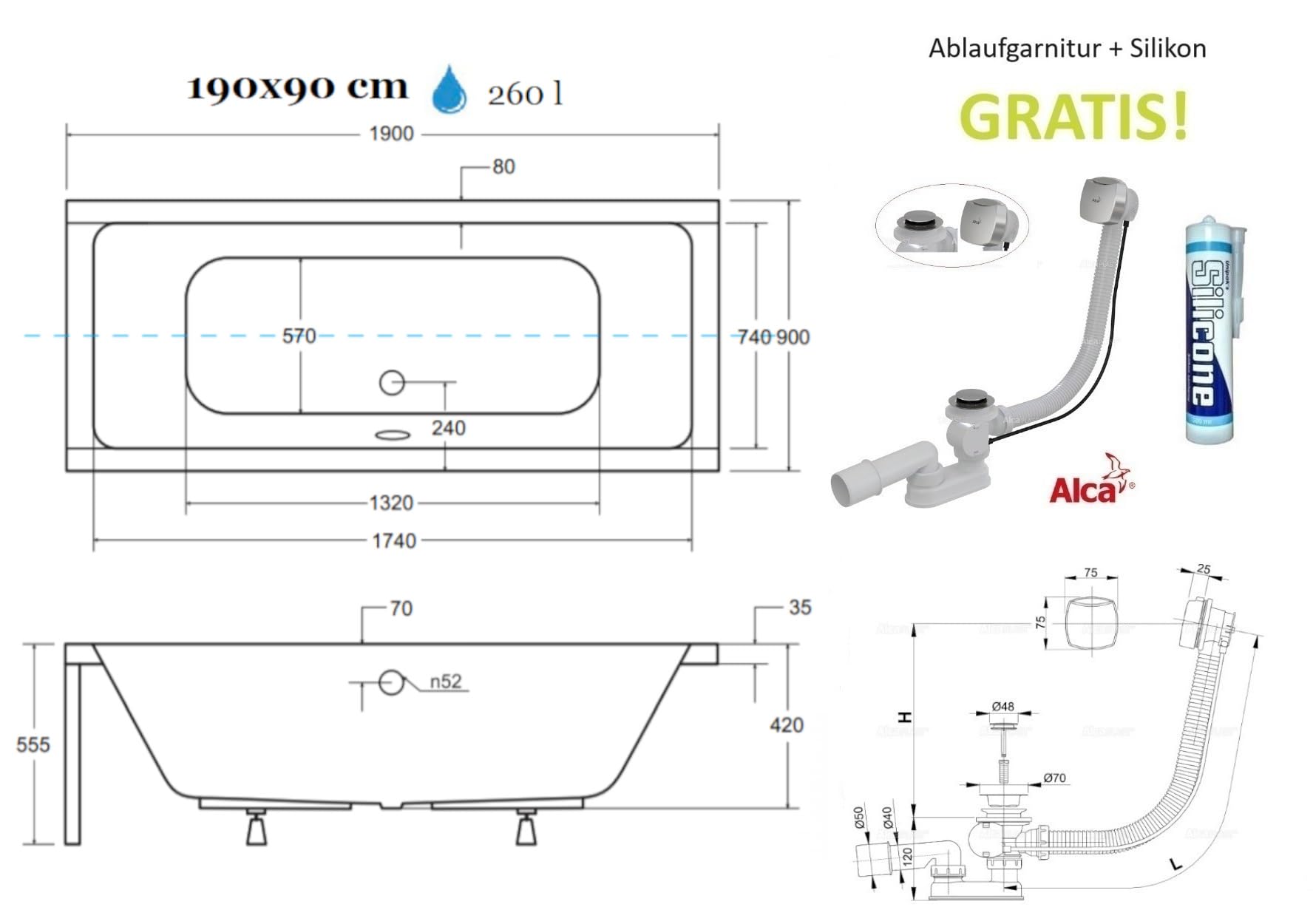ECOLAM Badewanne Quadro 190x90cm Rechteck Schürze Ablauf Füße Silikon SET | Wanne Rechteckbadewanne Ablauf in der Mitte ideal für zwei Acrylschürze weiß keine Fliesen nötig Ab- und Überlauf Automatik