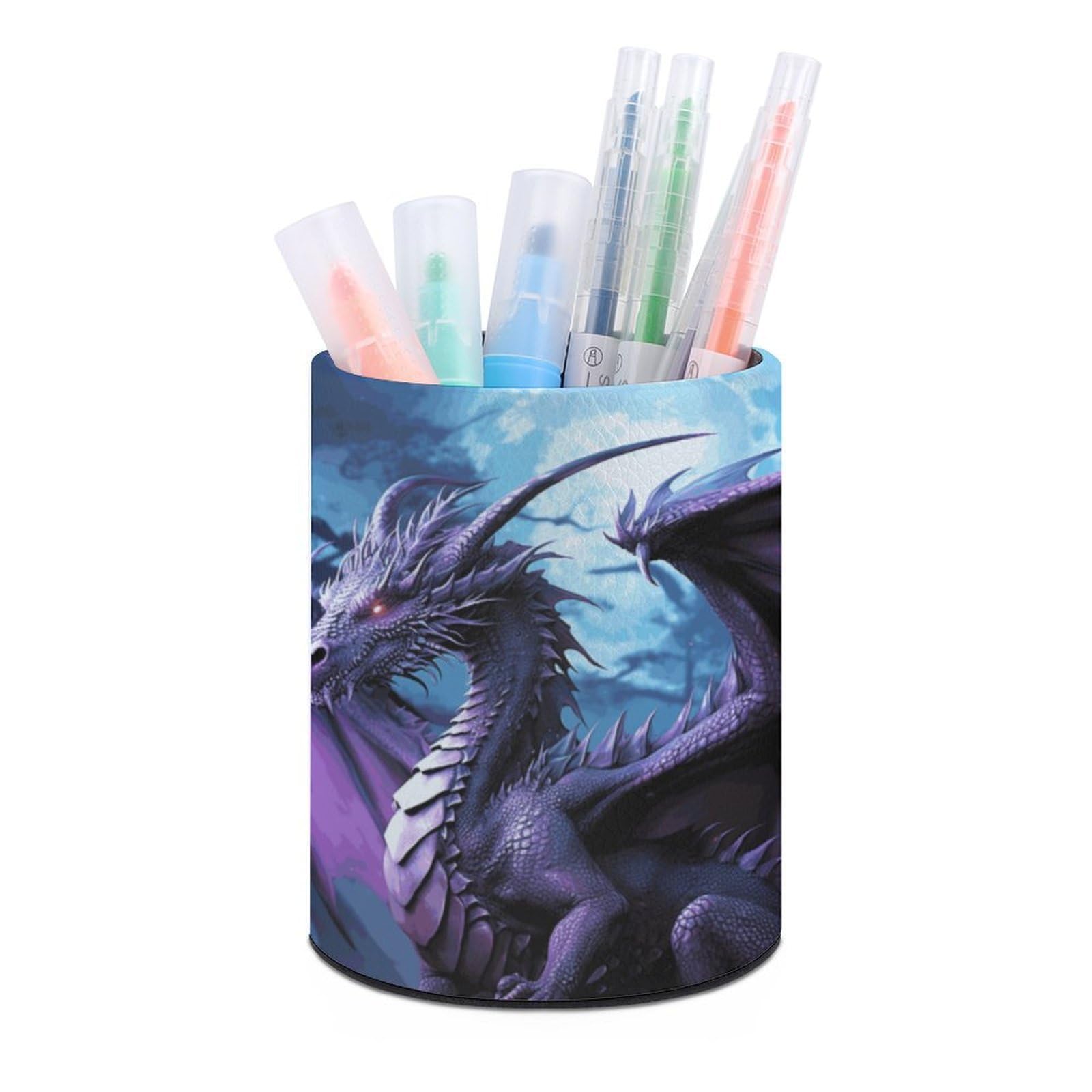 DWVTSLH Aesthetic Pen Holder for Desk - Modern Leather Pencil Holder - Stylish Round Makeup Brush Holder - Purple Dragon Purple Moon Pen Cup Cute And Functional Desk Organizer for Office Supplies