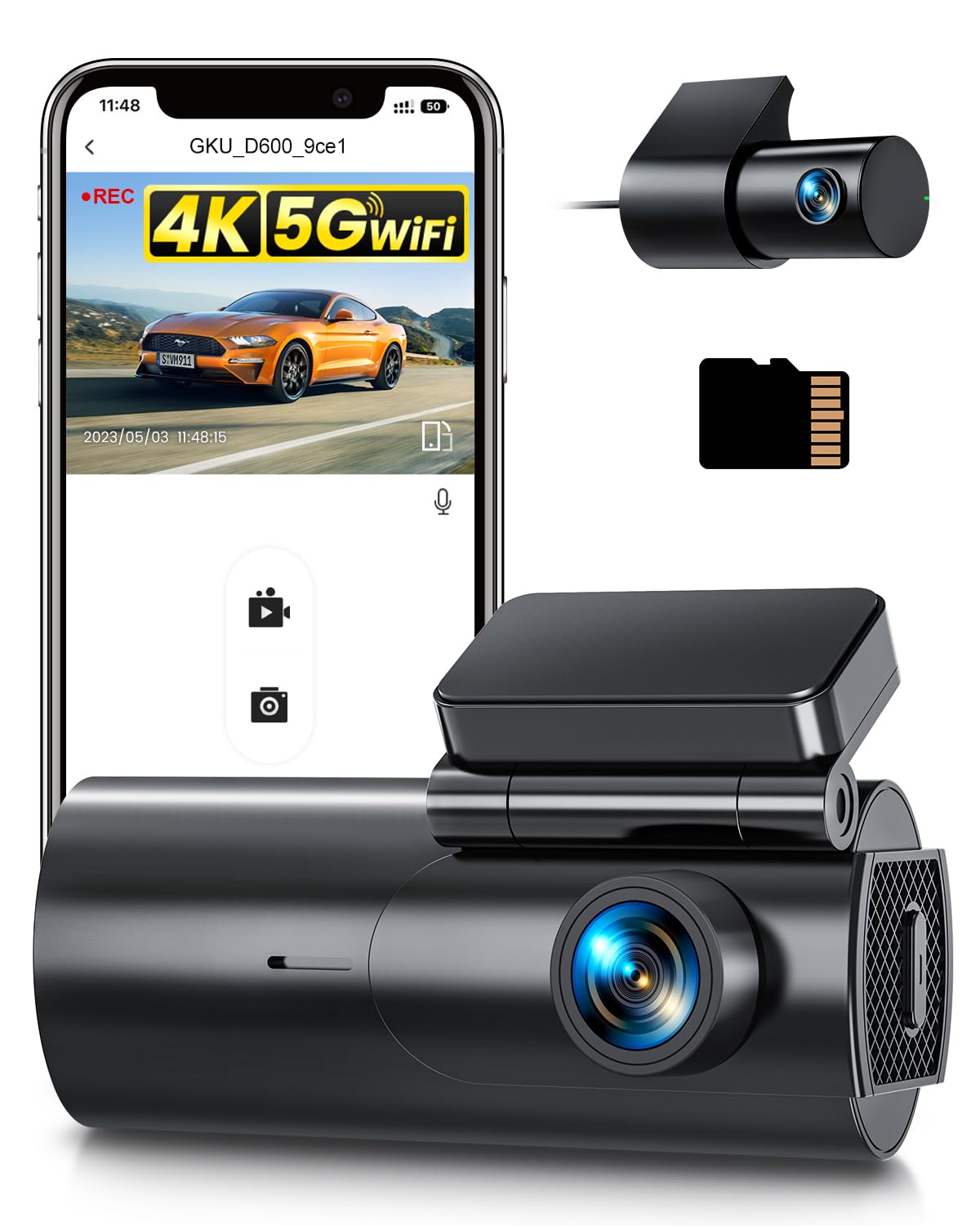 GKU Dashcam Car Camera 4K+1080P 5GHz WiFi Dash Cam Car