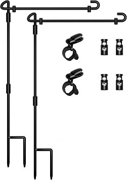 HOOSUN Garden Flag Stand, Premium Garden Flag Pole Holder Metal Wrought Iron Powder-Coated Weather-Proof Paint 2 Pack with Tiger Clip and Spring Stoppers