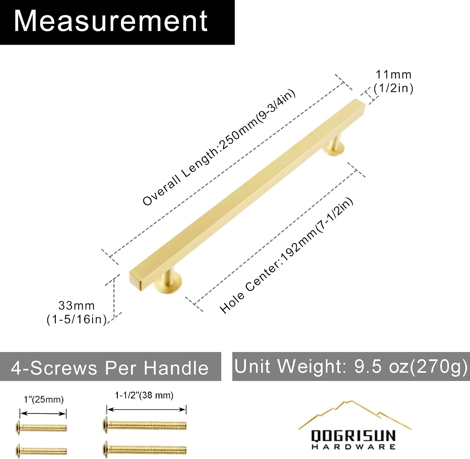 QOGRISUN 2-Pack Solid Brass Cabinet Pulls 7-1/2 Inch Hole Center, Heavy Duty Brushed Brass Cabinet Hardware, Modern Square Drawer Handles for Kitchen Dresser, Anti-Tarnish, 9-3/4 Inch Overall Length