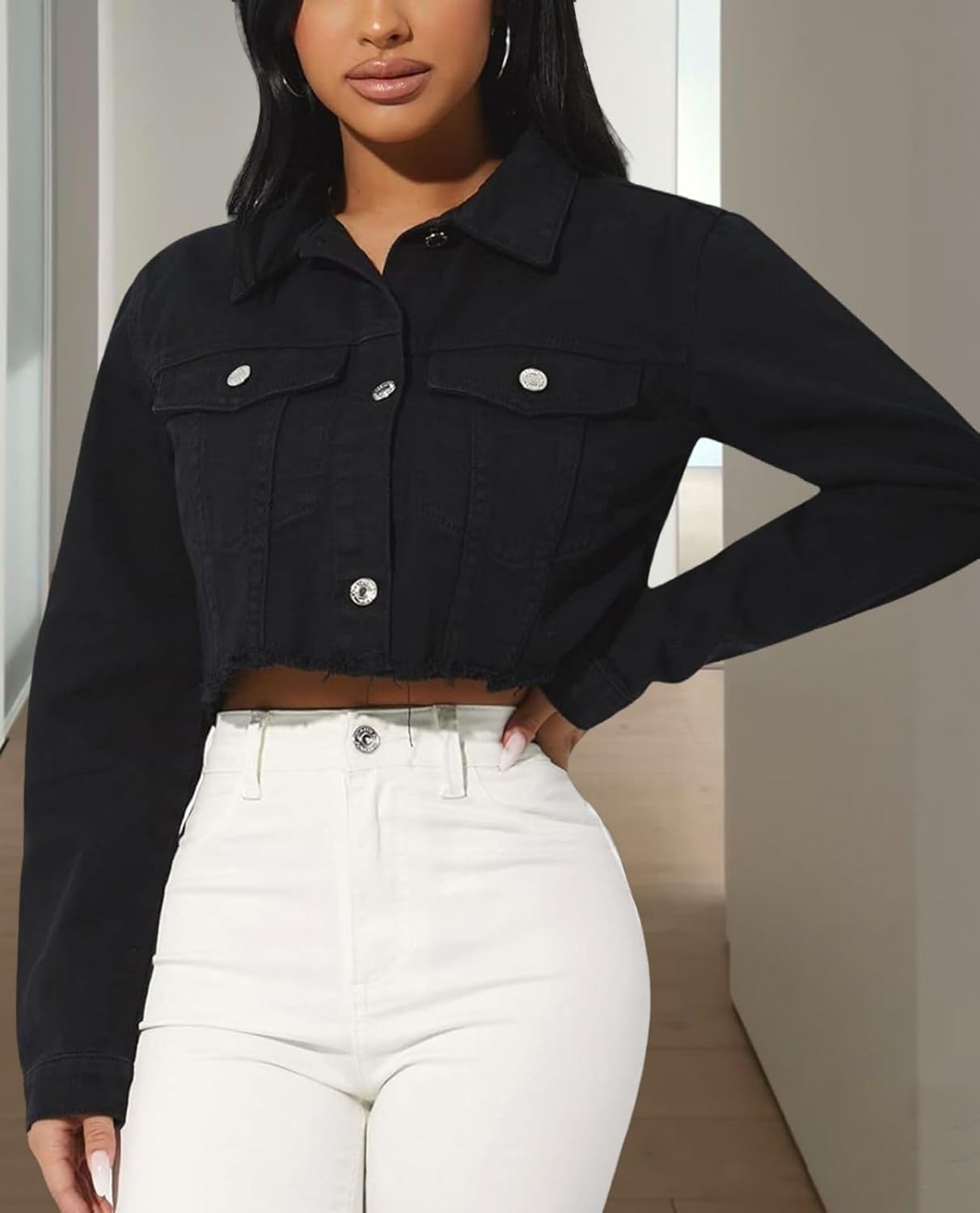 FairBeauty Women's Washed Distressed Denim Jacket Long Sleeve Ripped Button Up Cropped Jean Jacket - Image 3