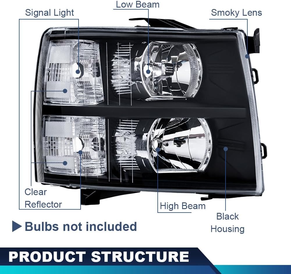 PIT66 Headlight Assembly Compatible With Chevy Silverado 1500 2007-2013/Compatible With Silverado 2500 3500 & HD 2007-2014 Halogen Headlamps Clear lens Black Housing Clear Reflector