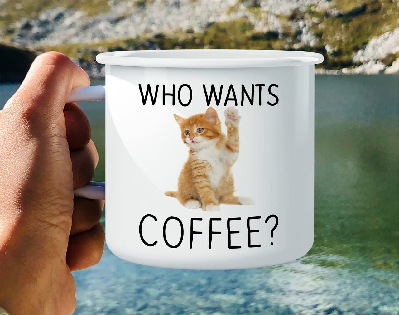 Retreez Who Wants Coffee? Cute Kitten Cat Lover 16 Oz Enamel Stainless Steel Metal Camping Campfire Coffee Mug - Funny Sarcasm Inspirational Birthday Gifts For Friends, Coworkers, Sister, Dad, Mom