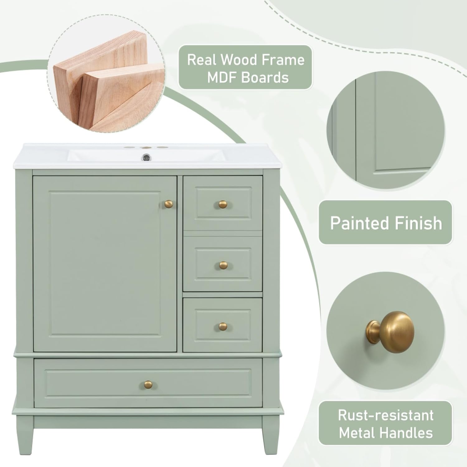 30" Bathroom Vanity with Sink, One Door with Shelf and Three Drawers, Soft Close Door, Green (Light Green + Ceramic+MDF + Rubber Wood)