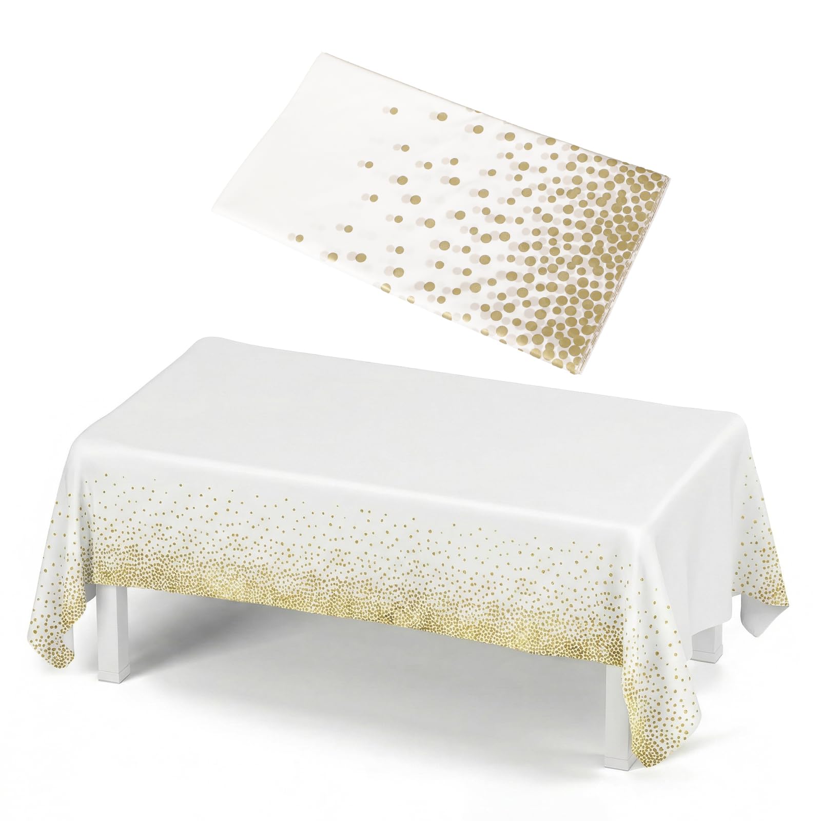 Geukmun White and Gold Plastic Table Cloth Disposable, 54x108inch Birthday Tablecloth with Foil Polka, Waterproof Rectangle Party Table Cover for Birthday Decorations, Picnic, Wedding, Baby Shower