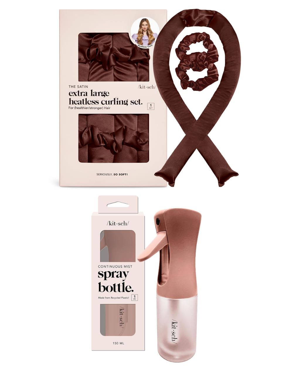 Kitsch XL Satin Heatless Curling Set (Chocolate) and Continuous Spray Bottle (Terracotta) Bundle with Discount