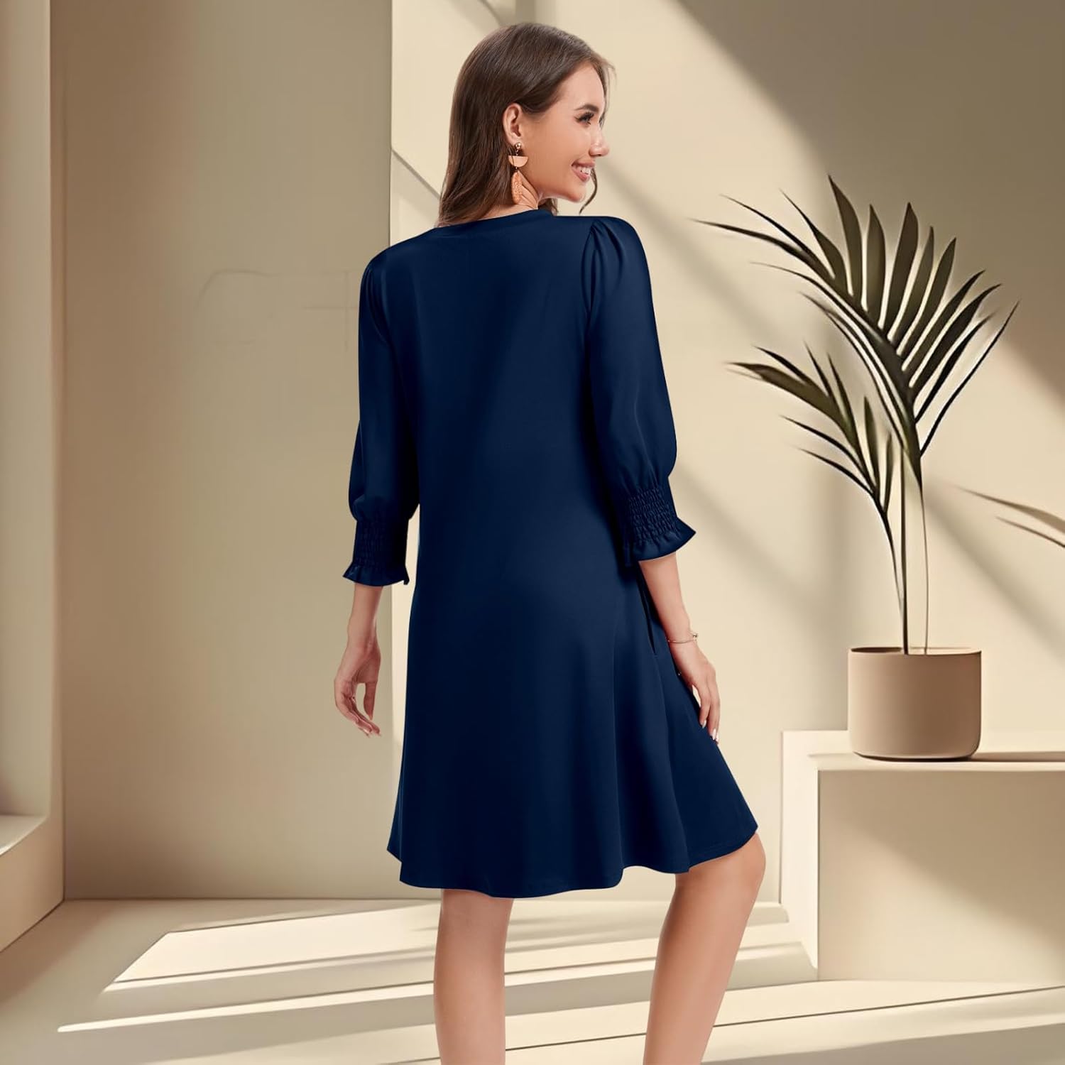 Women's Casual Loose Midi Dress V-Neck Fluffy Sleeves Ruffle Cuffs with Pockets - Image 6