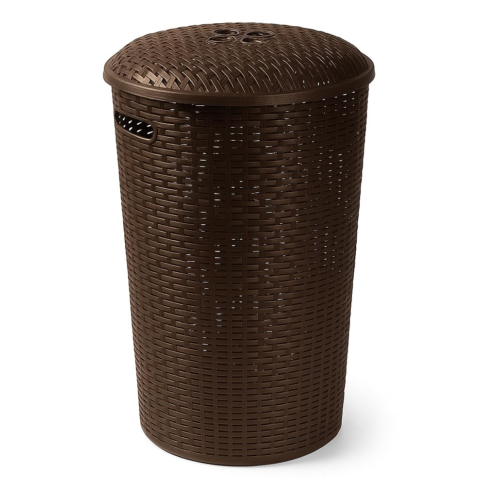 51 Litre Plastic Rattan Effect Laundry Hamper with Lid - Lightweight & Durable Wicker Style Clothes Basket for Bedroom, Bathroom & Utility Room Storage (Dark Brown)