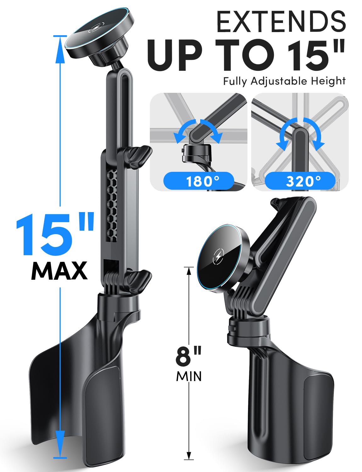 ELWEY per Magsafe Car Mount Charger Wireless, aggiornato 2 in 1 Cup Phone Holder con doppia base flessibile, 15W ricarica rapida supporto del telefono magnetico, potente magnete N55, altezza 15