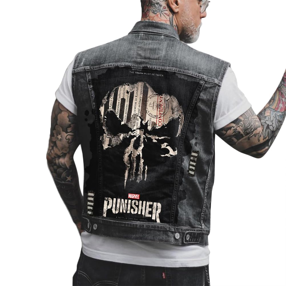 ORANDESIGNE Chaleco de Mezclilla de Hombre con Estampado de Calavera Punk Chaqueta Sin Mangas Vaquero Lavado de Moto