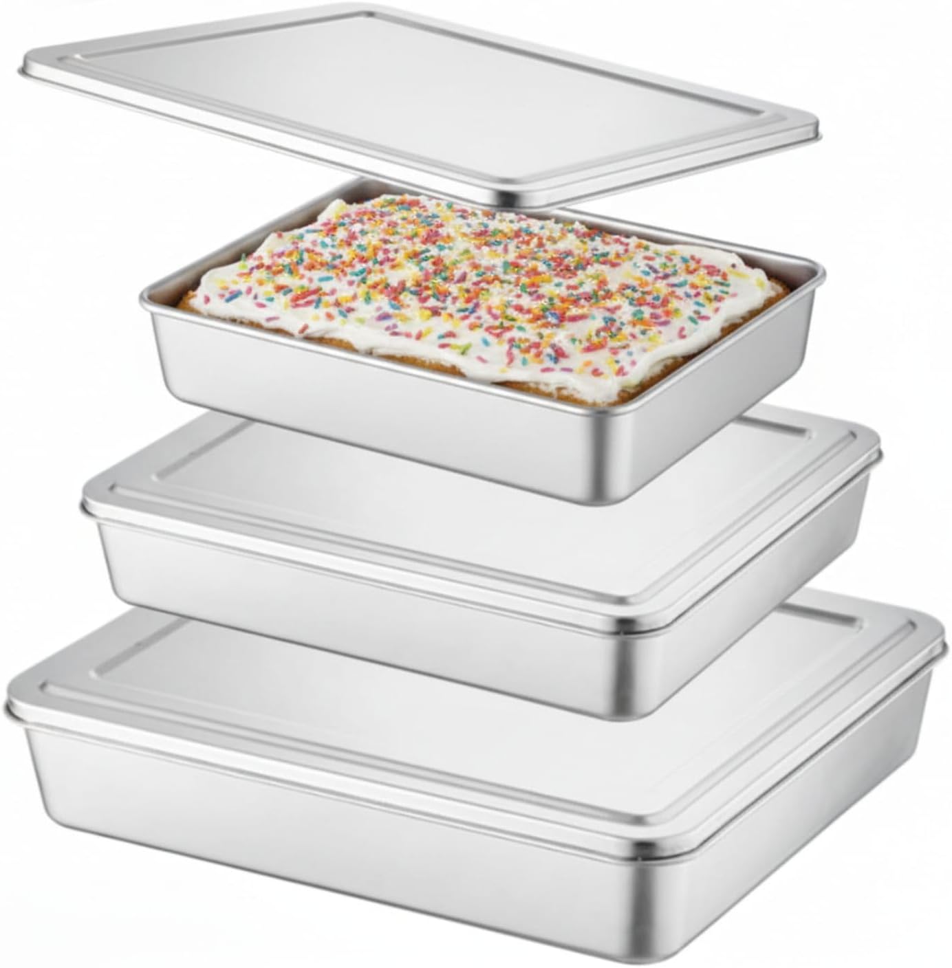 3 Pcs Stainless Steel Cake Pan with Lid,Rectangular Cake Pans, Sheet Pan Bakeware forFish Meat Vegetable, Commercial Brownie Pans Baking Dish for Lemon Bars, Dishwasher