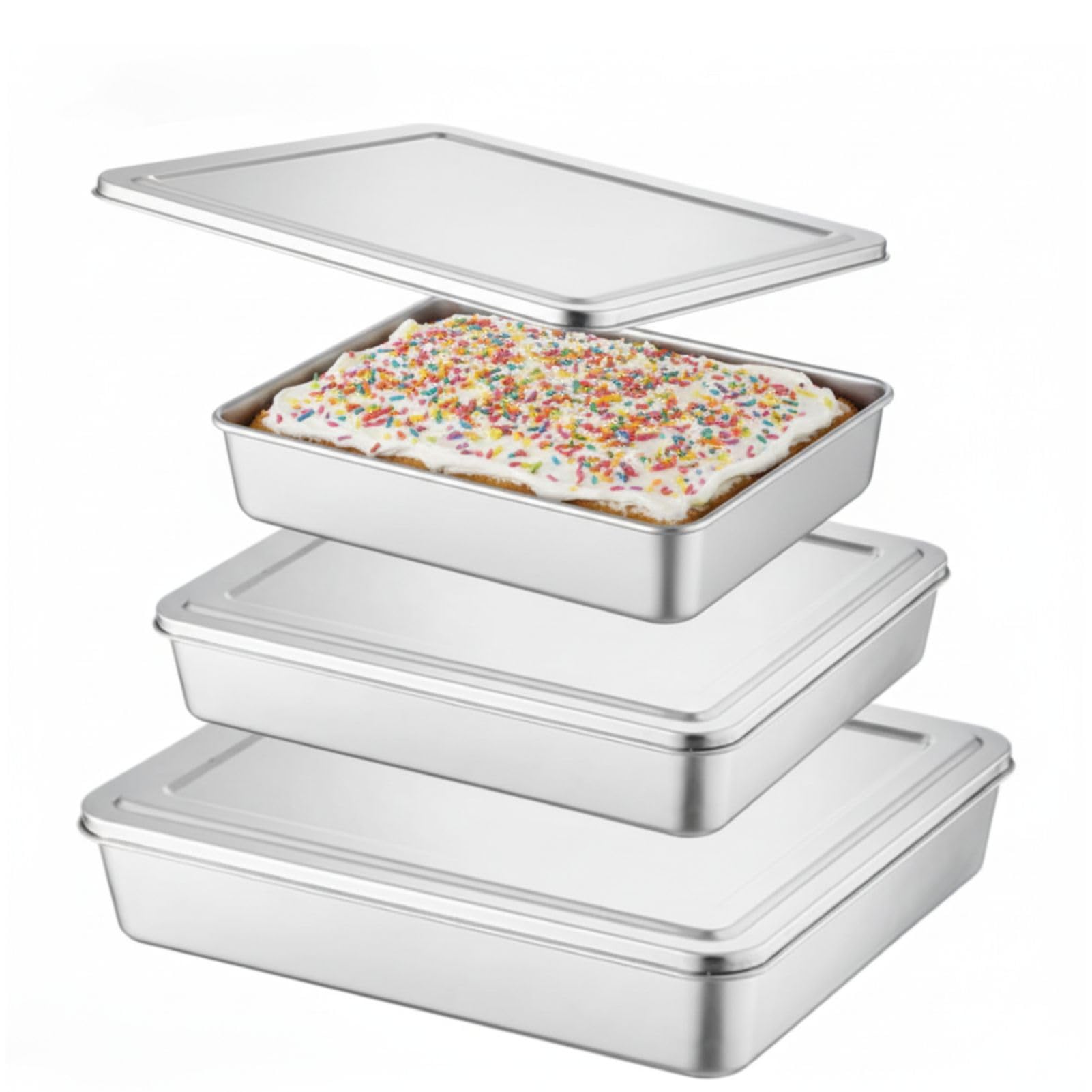 Molde de acero inoxidable para tartas con tapa de 13/11/9 pulgadas de acero inoxidable con cubiertas, utensilios antiadherentes para hornear con tapas