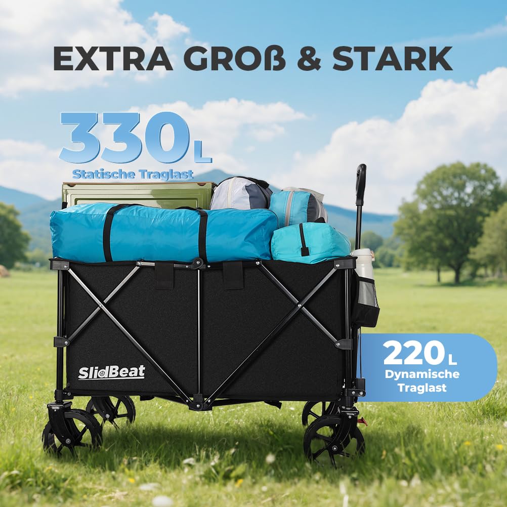 SLIDBEAT XXL Bollerwagen Faltbar 220L 200KG, Faltbarer Bollerwagen mit Bremsen, Getränkehalter Verstellbarem Griff Klappbollerwagen mit All Terrain Rädern Für Camping Outdoor Garten Shopping