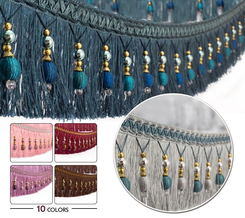 Finiture con frange e nappe con perline da 3 metri - Elegante decorazione for tende in poliestere con palline di pon pon for decorazioni for la casa fai da te(Gray)