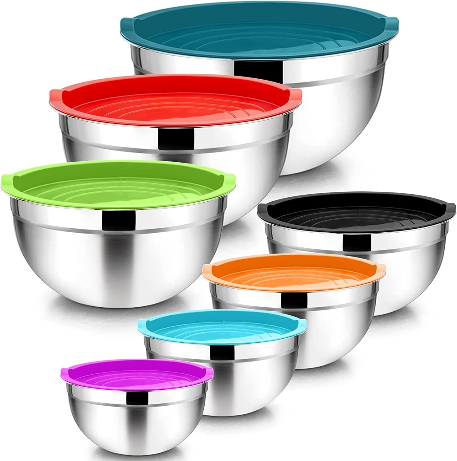 Vesteel 7 Pcs Stainless Steel Mixing Bowls, Metal Nesting Salad Bowls with Lids, 4.5/3.5/3/2.5/1.5/1.2/0.7 QT - Multi-Color