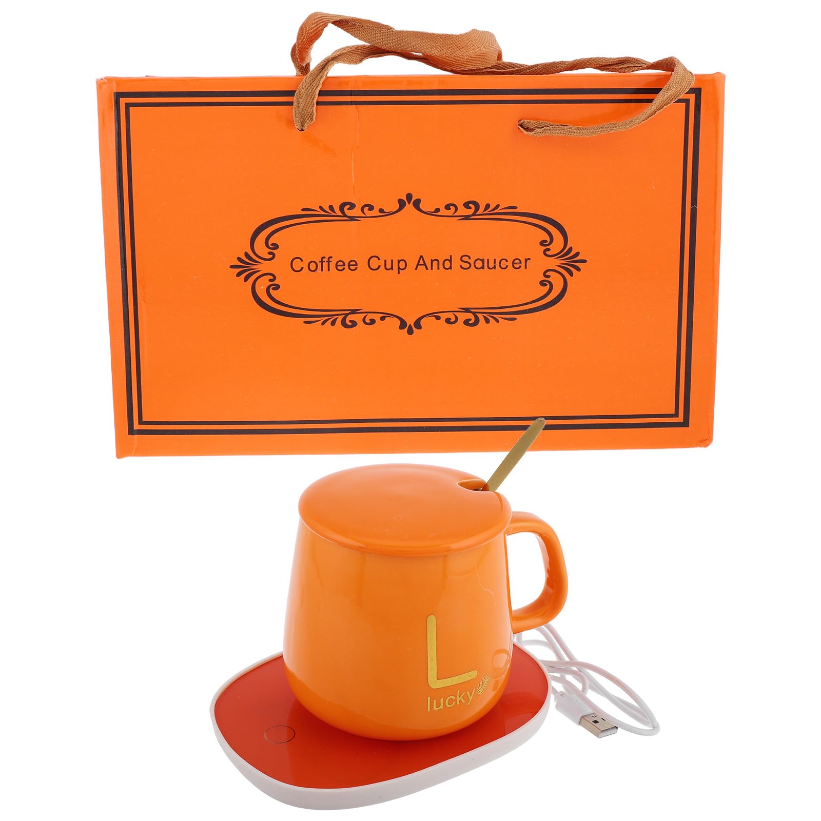 Calentador Eléctrico de Tazas de Cerámica Naranja con Apagado Automático Taza de Viaje Termo USB 5v Mantiene Bebidas Calientes para Café Té y Chocolate Adecuado Obsequio para