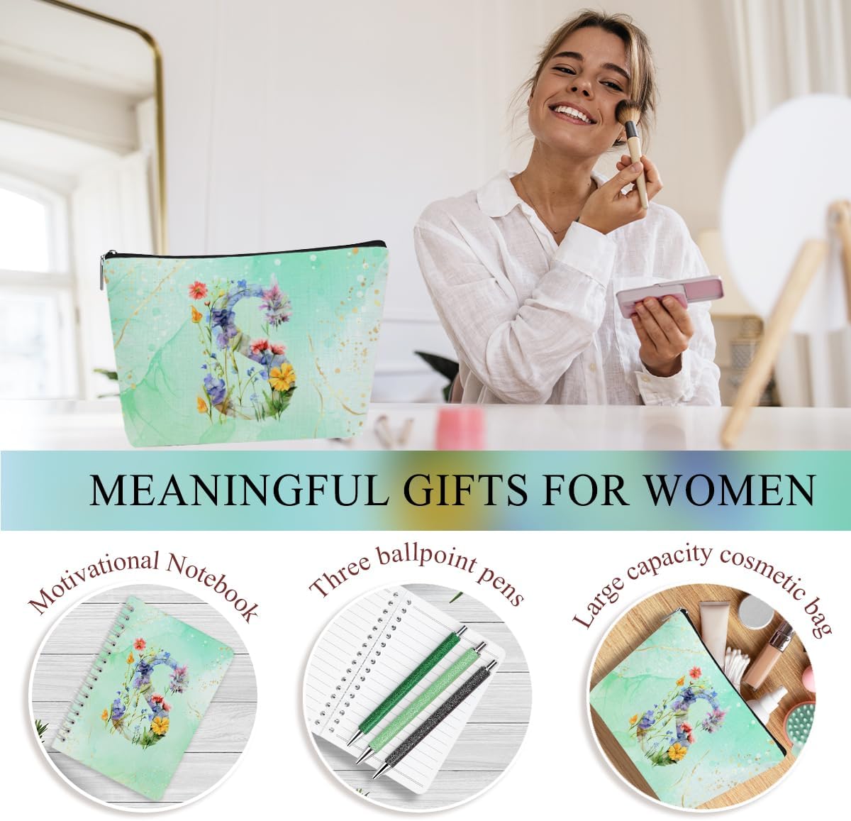 Personalized Gifts for Women Monogrammed Birthday Gifts for Women, Wife Girlfriend Christmas, Initial 20 oz Tumbler, Makeup Cosmetic Bag Cup Pens Journal Notebook 6 Set, (Aesthetic Green Flower S) - Image 5