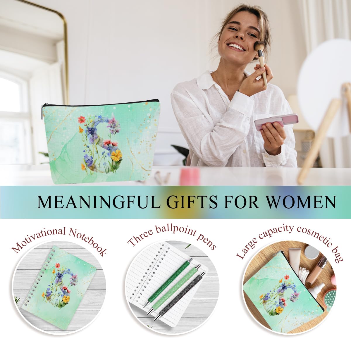 Personalized Gifts for Women Monogrammed Birthday Gifts for Women, Wife Girlfriend Christmas, Initial 20 oz Tumbler, Makeup Cosmetic Bag Cup Pens Journal Notebook 6 Set, (Aesthetic Green Flower S)