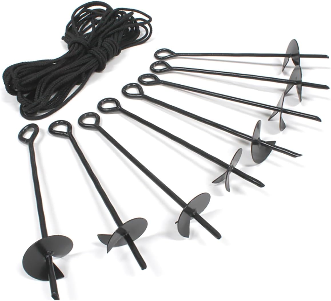 King Canopy 8-Piece Ground Anchor Kit,15-inch Steel Powder Coated, Auger Style w/80 feet of Rope, Black, A8200