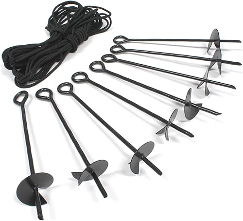 King Canopy Kit de anclaje de tierra de 8 piezas, revestimiento de polvo de acero de 15 pulgadas, estilo barrena con 80 pies de cuerda, negro, A8200
