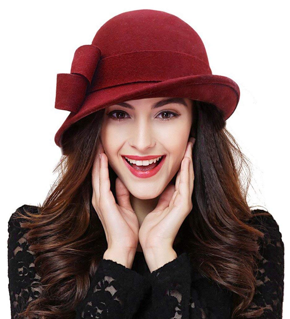 Bellady Women Solid Color Winter Hat 100% Wool Cloche Bucket with Bow Accent