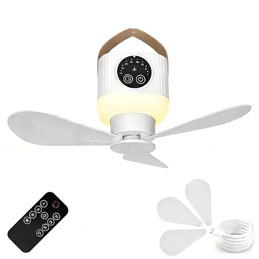 Portable Camping Fan, 7200 mAh Tent Fans with LED Light, Remote Control, Detachable Blades and Hook 4 Speeds 3 Brightness Timer Ceiling Fan for Tents Car Picnics Travel