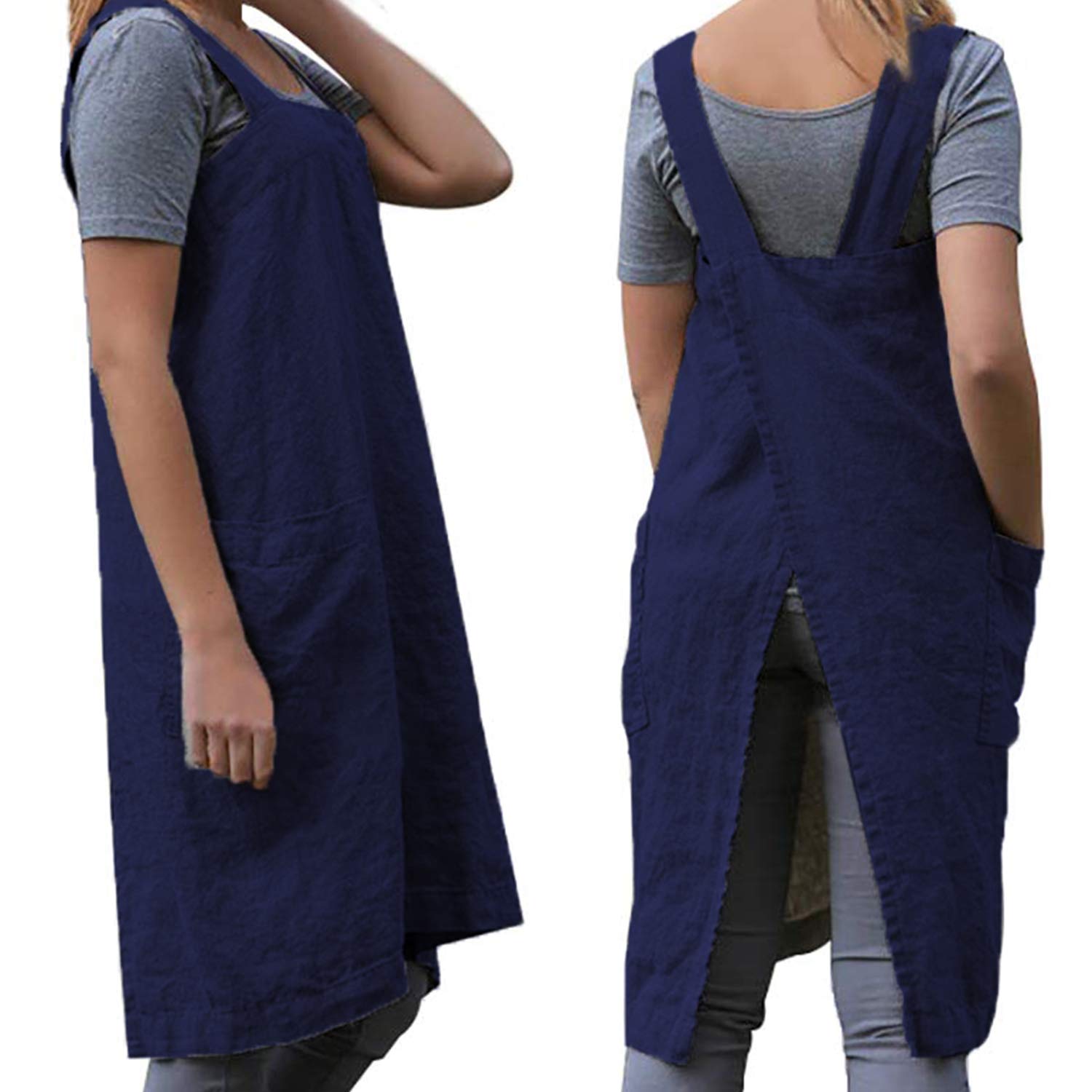 WROLEM Women's Practical Cross Back Pinafore Apron with Large Pockets Home Kitchen,Restaurant,Coffee House,Cooking,Gardening, Blue, XXL — image 1