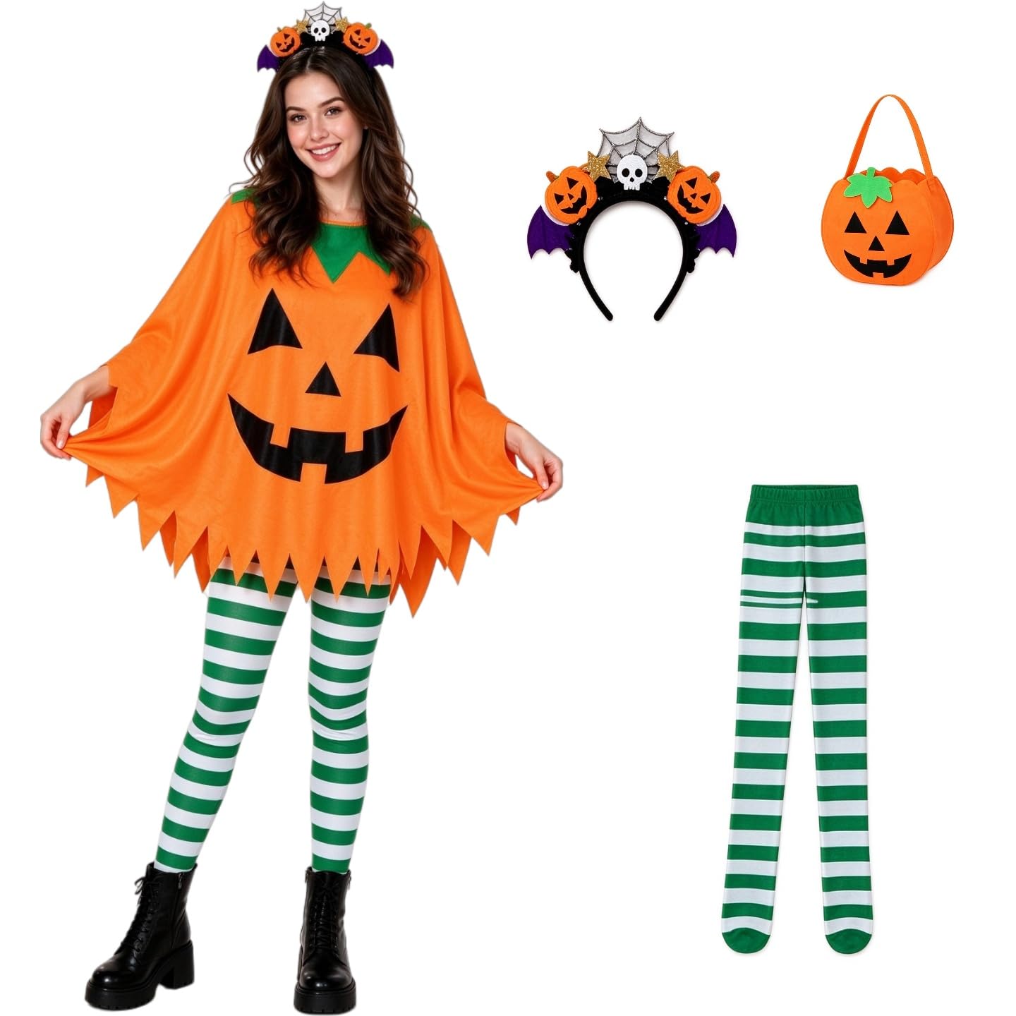 4-Piece Ghost Costume Women, Womens Ghost Halloween Costume Adult with Ghost Pumpkin Poncho, Headband, 1 Bag and Leg Socks, Ladies Fancy Dress Outfit Set
