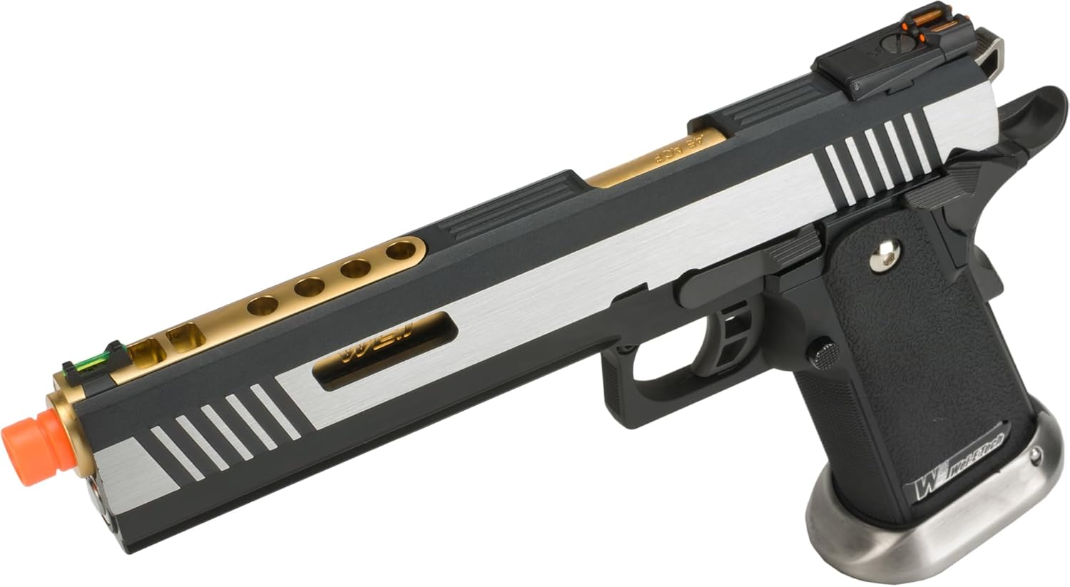 Evike Airsoft - WE-Tech Hi-Capa 6" IREX Competition GBB Airsoft Pistol (Color: Silver/Gold Barrol) - (PID: 56830)