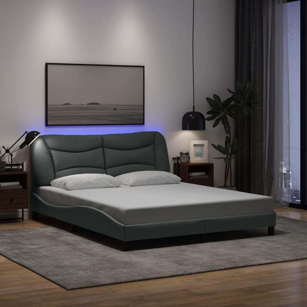 Bed Frame with LED Light Gray Fabric, Durable Slatted Platform Foundation, Sturdy Heavy-Duty Nonslip Structure, Easy-Assembly Modern Headboard for Bedroom Mattress-Support