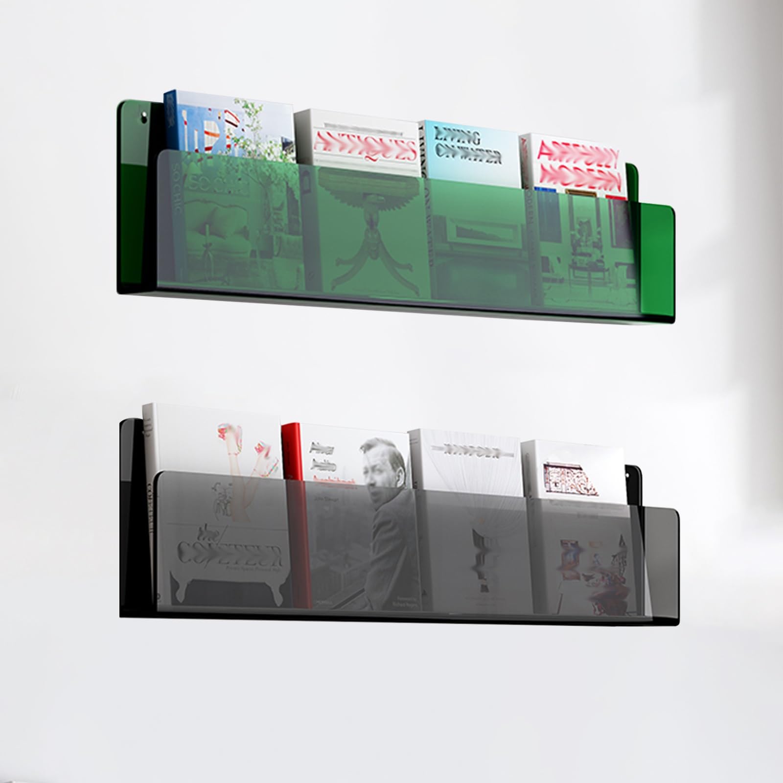 Stilvoller Acryl-Magazinhalter, 2er-Set, Wandmontage, Prospektständer und Bücherregal für Büro, Café, Zuhause, Vinyl-Schallplattenständer in Grün und Schwarz