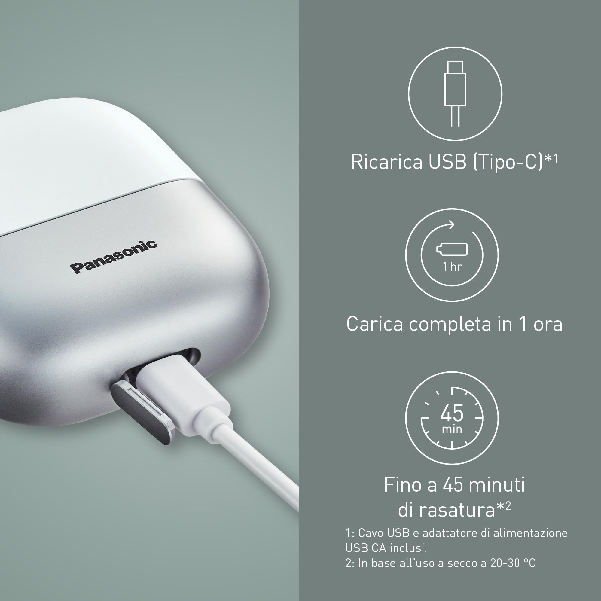 Panasonic ES-ACM3BW503 Serie 700 Rasoio Compatto a 3 Lame, Rasoio Elettrico Wet & Dry per Uomo, Sensore per la Barba, Impermeabile IPX7, Ricarica USB-C, Adattatore di Alimentazione USB AC, Bianco