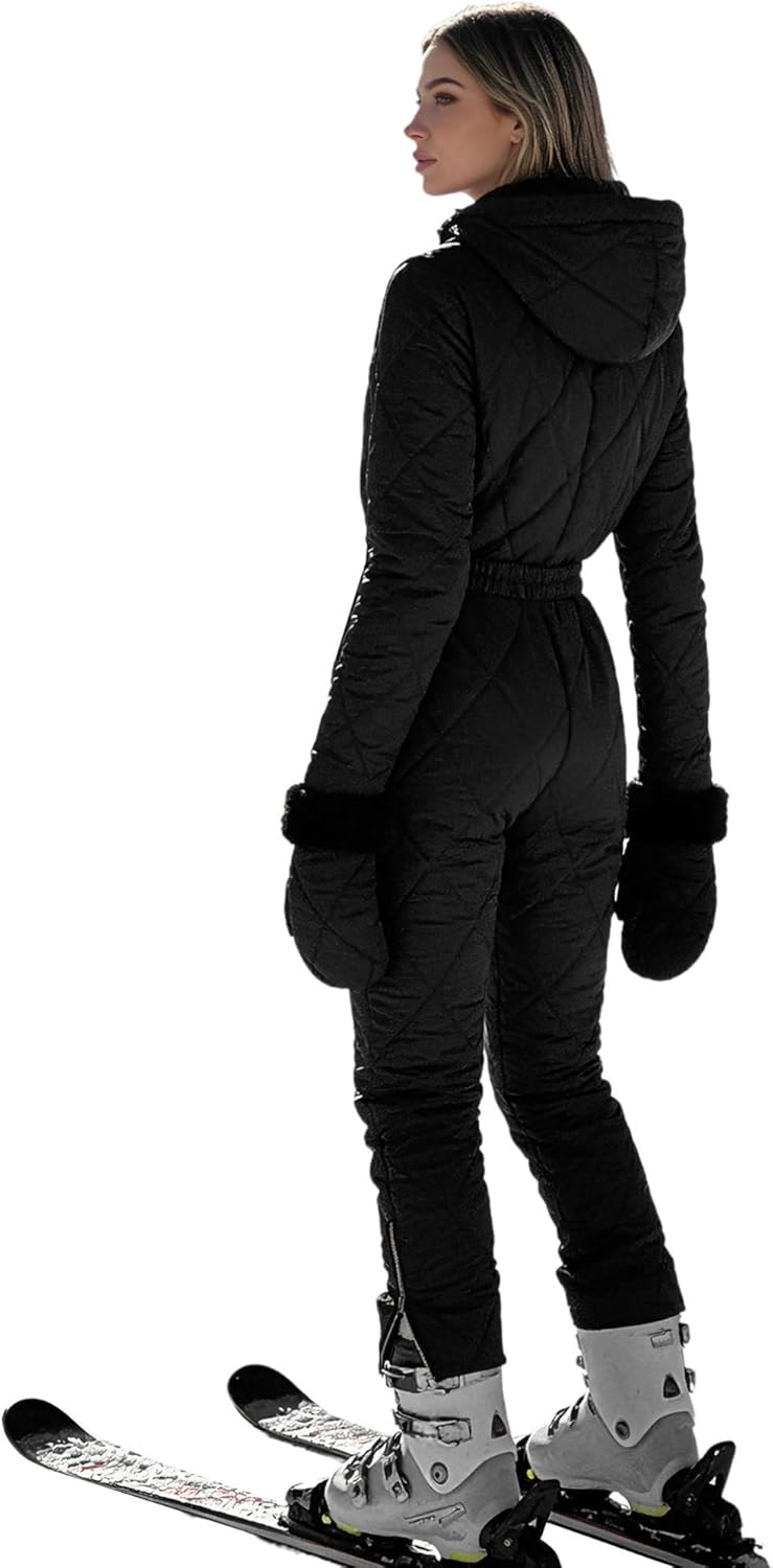 easyforever Women's Insulated Ski Suit Hooded Thermal One-piece Jumpsuit For Snow Sports Black X-Large