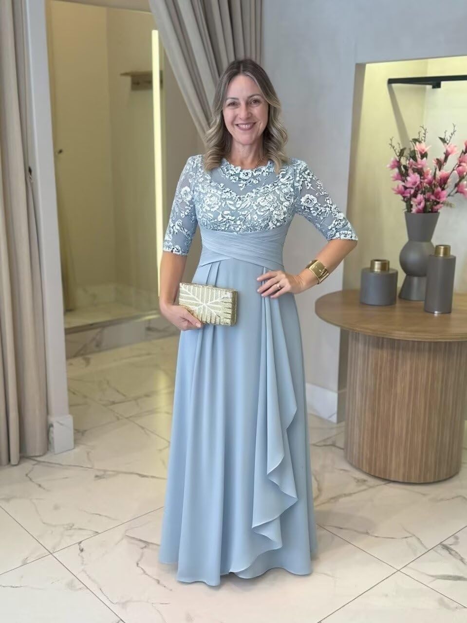 Tea Length Lace Mother of The Bride Dresses Half Sleeve Ruffle Empire Waist Chiffon Formal Evening Dress - Image 6