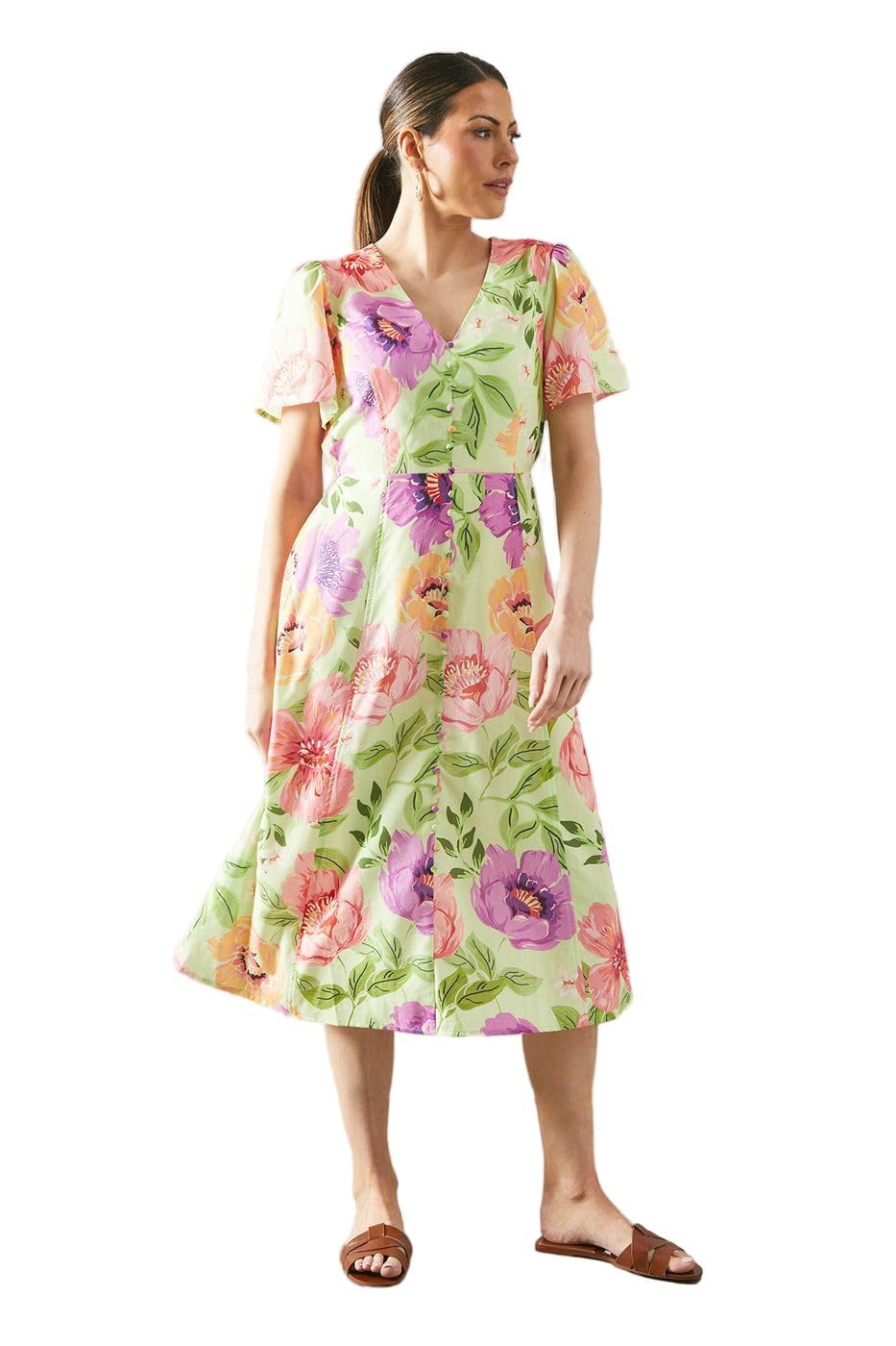 Wallis Floral Button Through Midi Dress, 12, Green