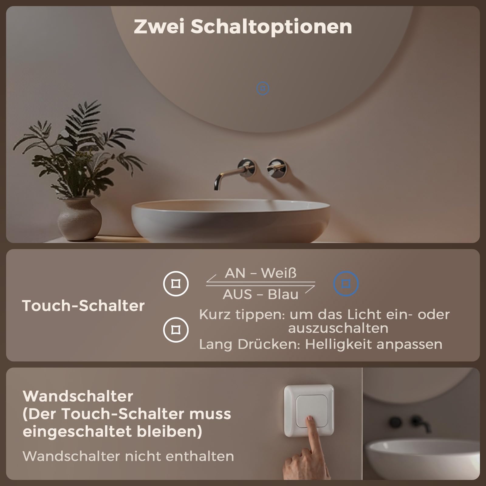 Badspiegel mit Beleuchtung Rund 60 cm, Rahmenlos, Kaltweiß 6500K