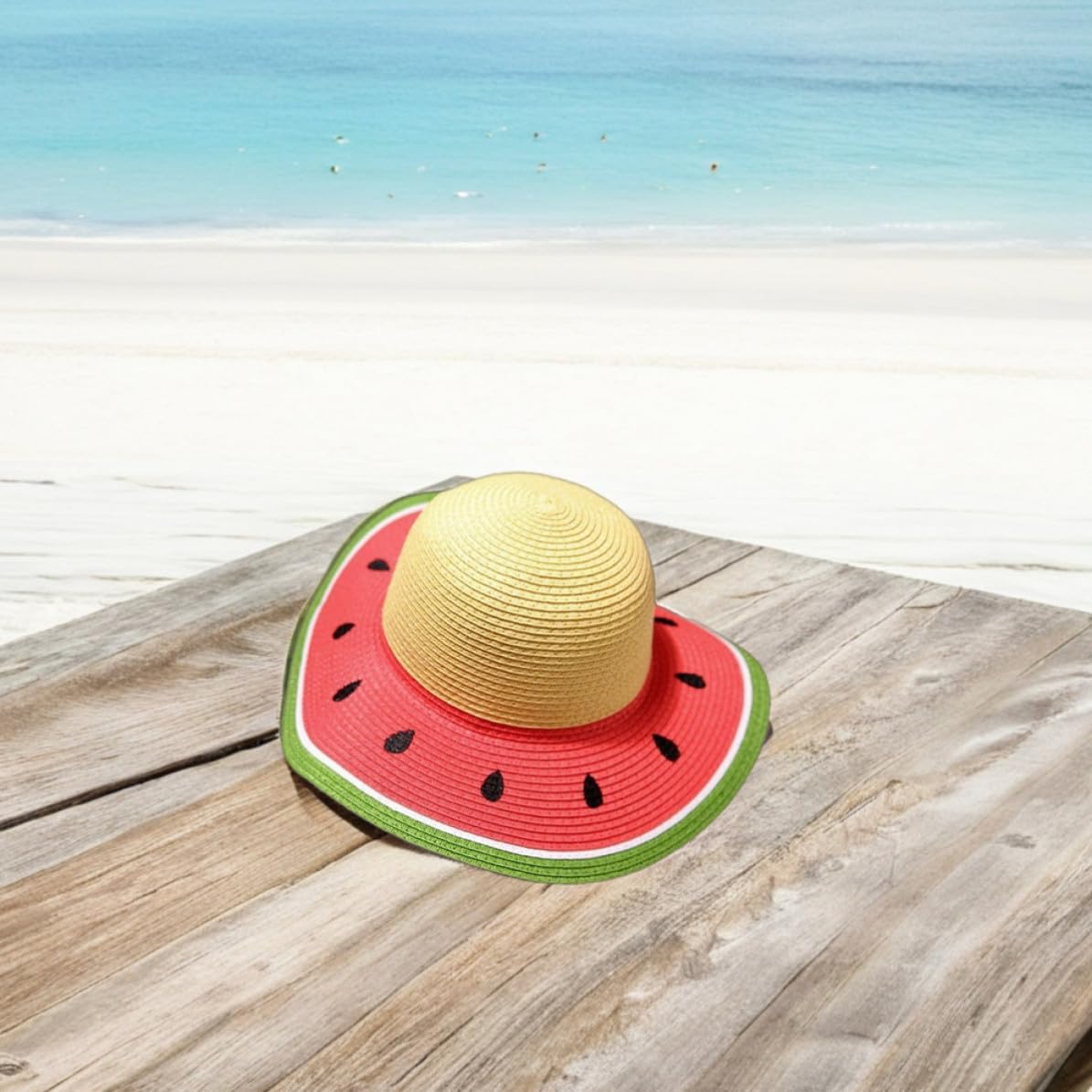 BESTonZON Summer Straw Hat with Watermelon Pattern, Wide Brim Beach Sun Hat, Soft and Lightweight Paper Grass Cap with UV Protection for Outdoor Activities