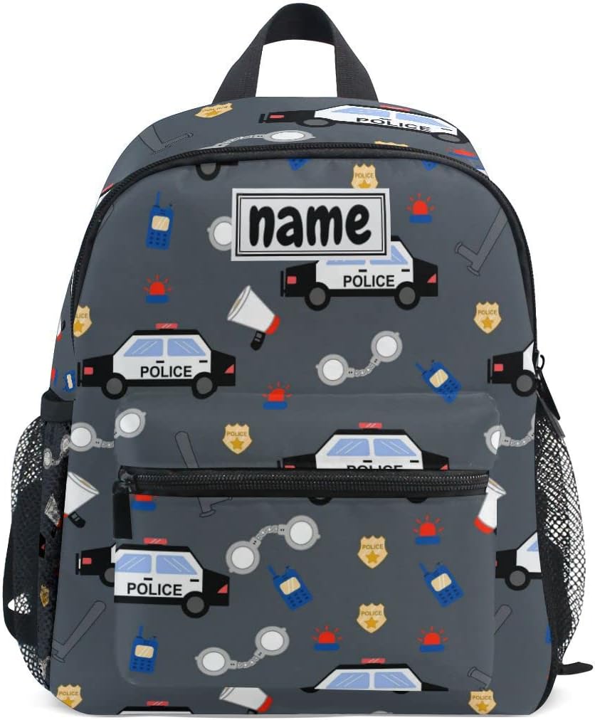 Custom Kid's Name Backpack, Police Car Pattern Toddler Backpack for Daycare Travel, Personalized Name Preschool Bookbags for Boys Girls