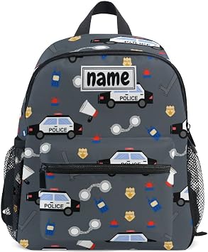Custom Kids Name Backpack, Police Car Pattern Toddler Backpack for Daycare Travel, Personalized Name Preschool Bookbags for Boys Girls