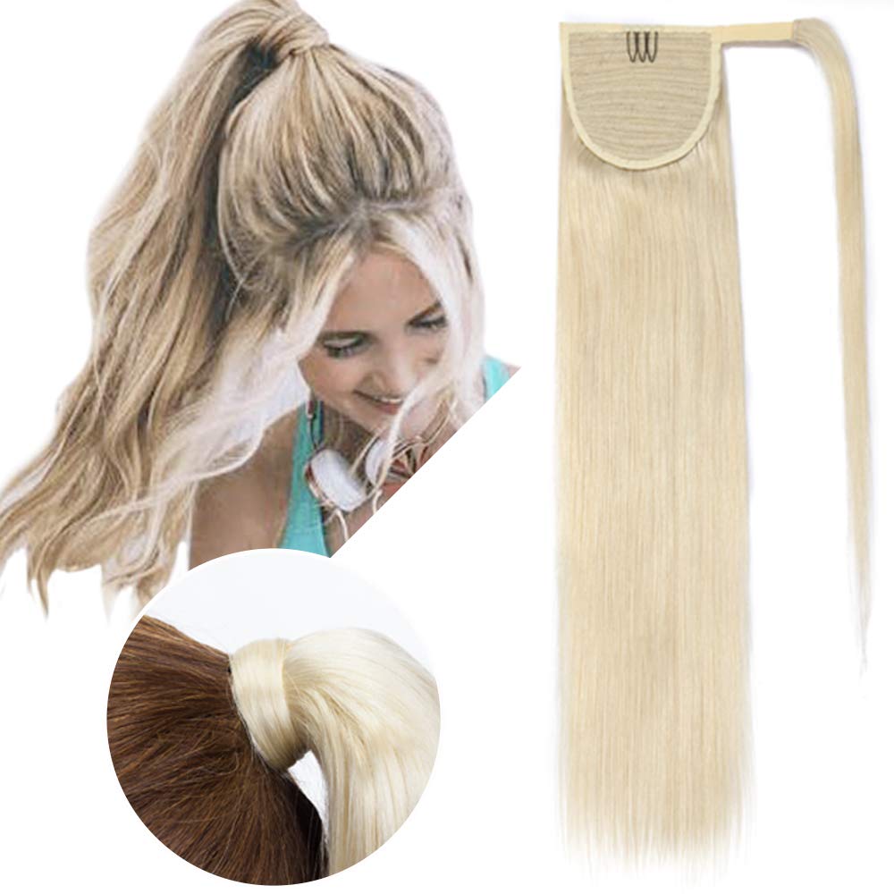 Hairro Ponytail Human Hair Extensions Real Hair Wrap Around Ponytail Hairpieces Remy Hair Clip in Pony Tails One Piece Ponytail Hair Piece with Magic Paste For Women 20inch 95g #60 Platinum Blonde