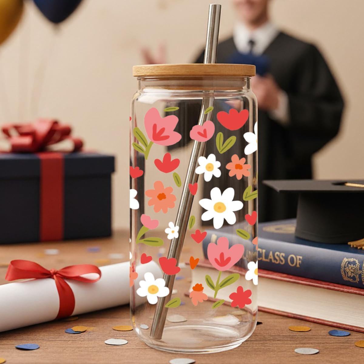 Cute Pink Flower Drinking Glass Cups with Lid and Straw Gifts for Women Daughter Niece Friends,Floral Daisy Wildflower Ice Coffee Glass Cup Gifts for Birthday Christmas,Coffee Lover Gift for Her - Image 8