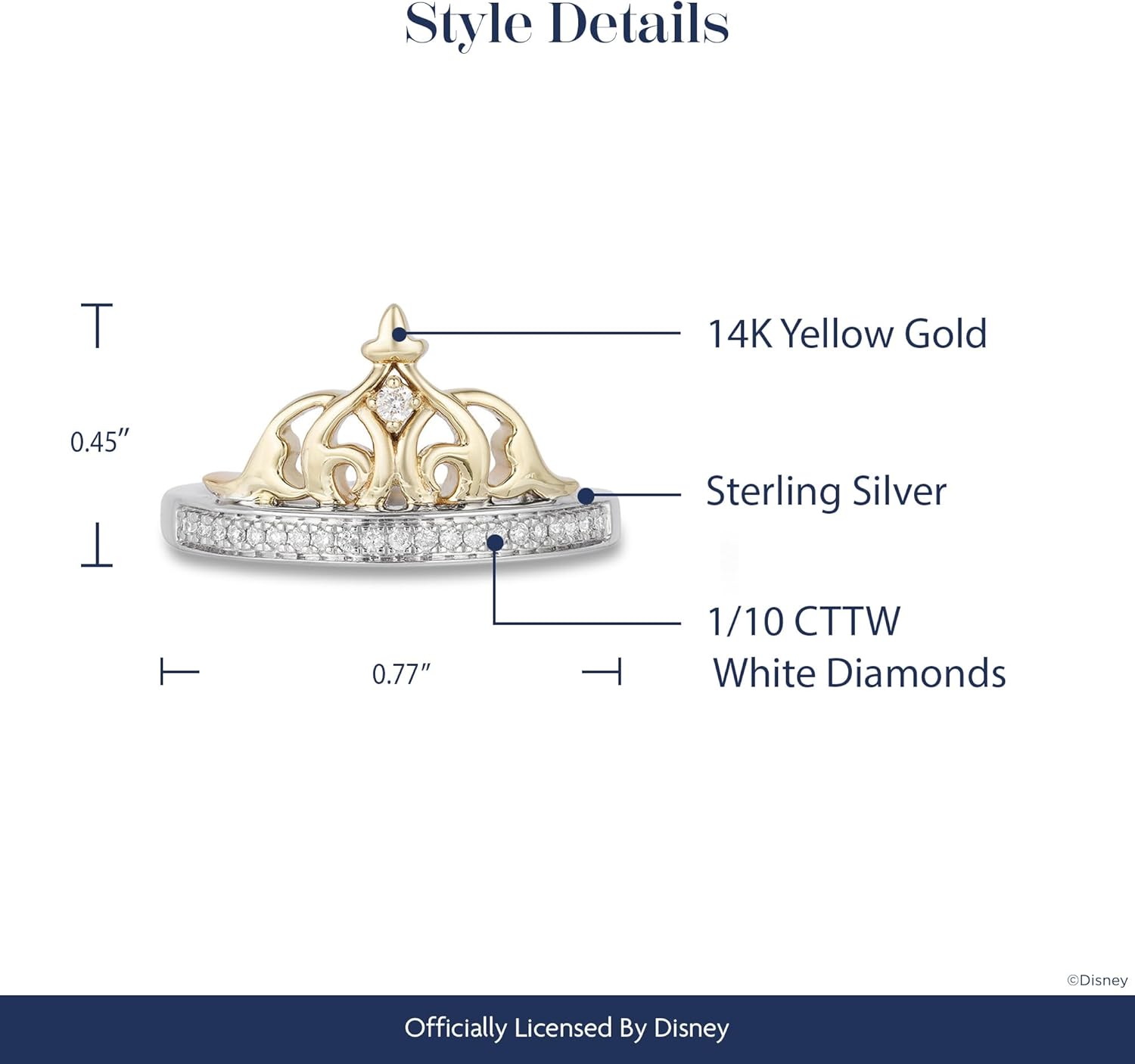 Jewelili Enchanted Disney Fine Jewelry Sterling Silver and 10K Yellow Gold 1/10 Cttw Diamond Jasmine Tiara Ring