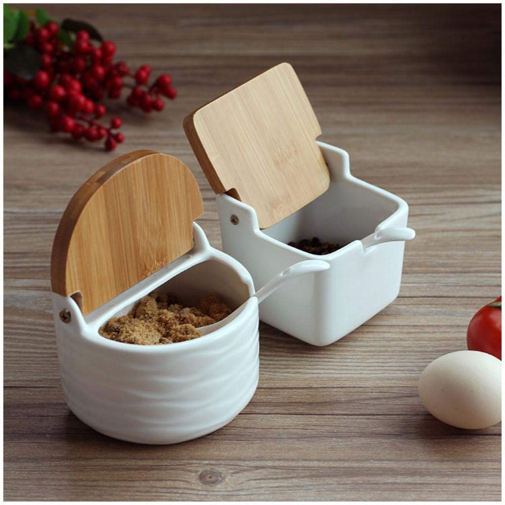 Lot de 4 pots à épices en céramique avec cuillère, boîte et couvercle en porcelaine – Récipient de rangement pots à condiments en céramique, 3 noirs (demi-cercle) vision