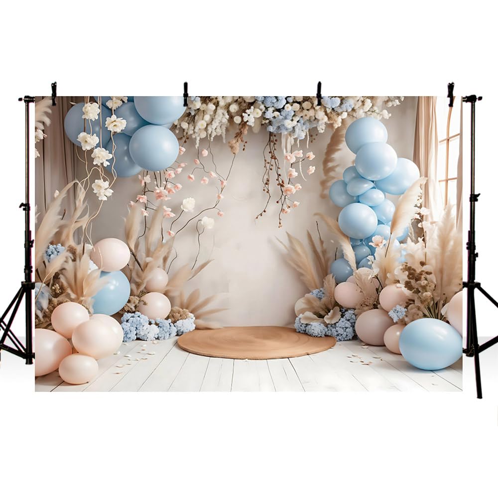 Boho-Bär Baby-Party Hintergrund – 210x150 Cm, Vinyl, Mit Braunem Bär, Blauen Sternen & Ballons, Für Fotoshootings