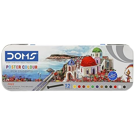 Doms 12 Shades Poster Colours | Rich & Vibrant Colors | Free Agigator & Brush Inside For Uniform Mixing | Non-Toxic & Safe For Childrens | Pack of 1
